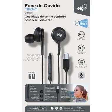 Fone de Ouvido ELG Tipo C HI-RES &Aacute;udio 360&deg; 1,2 Metro Cor Preto