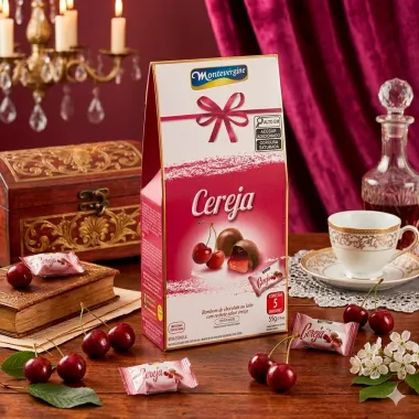 Bombons de Chocolate Ao Leite Montev&eacute;rgine Sabor Cereja ao Leite 55g