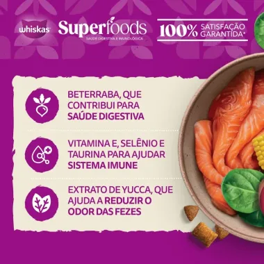 Ra&ccedil;&atilde;o para Gatos Whiskas Superfoods Adulto Sabor Salm&atilde;o e Linha&ccedil;a 900g