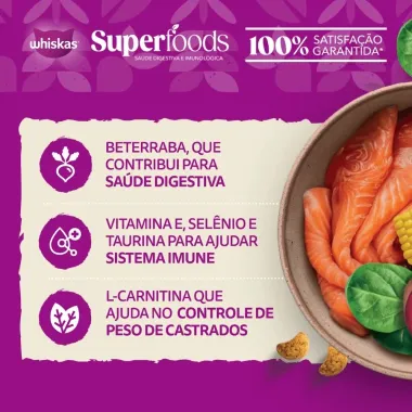 Ra&ccedil;&atilde;o para Gatos Whiskas Superfoods Castrados Sabor Salm&atilde;o e Linha&ccedil;a 900g