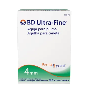 Agulhas para Caneta de Insulina BD Ultra Fine PentaPoint 4mm 32G 10 Unidades