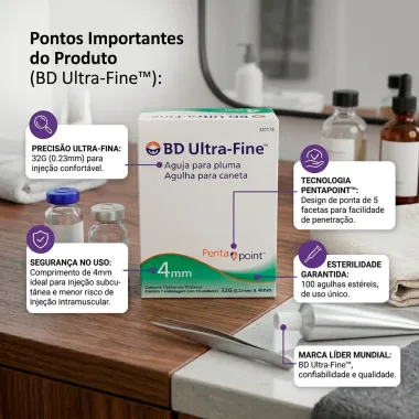 Agulhas para Caneta de Insulina BD Ultra Fine PentaPoint 4mm 32G 10 Unidades