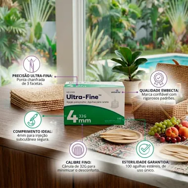 Agulhas para Caneta de Insulina Embecta Ultra Fine 32G 4mm com 100 Unidades