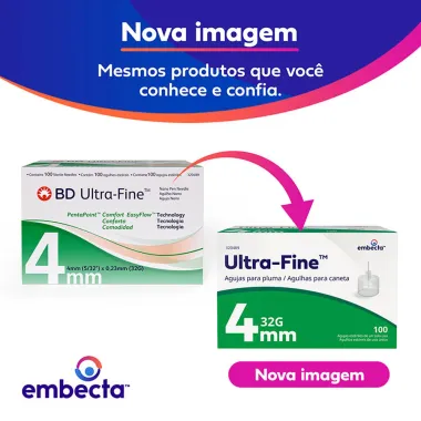 Agulhas para Caneta de Insulina Embecta Ultra Fine 32G 4mm com 100 Unidades