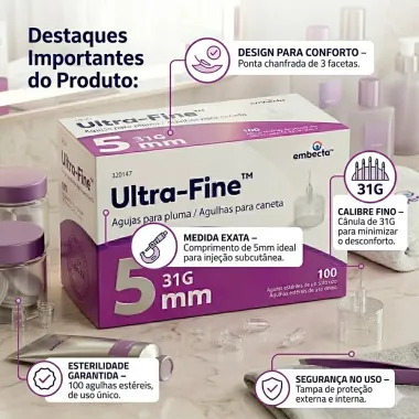 Agulhas para Caneta de Insulina Ultra Fine 31G 5mm com 100 Unidades