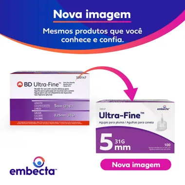 Agulhas para Caneta de Insulina Embecta Ultra Fine 31G 5mm com 100 Unidades