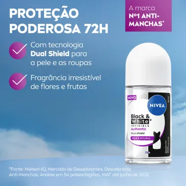 Desodorante Nivea Roll-on Black White Invisible Authentic Pele e Roupas Antitranspirante 72h 50ml
