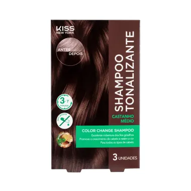 Shampoo Tonalizante Kiss New York Color Change Cor Castanho M&eacute;dio com 3 Unidades