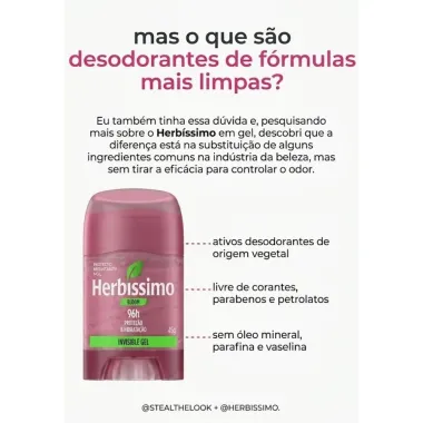 Desodorante Herb&iacute;ssimo Bloom Invisible Gel Antiperspirante 96h Prote&ccedil;&atilde;o e Hidrata&ccedil;&atilde;o Stick 45g