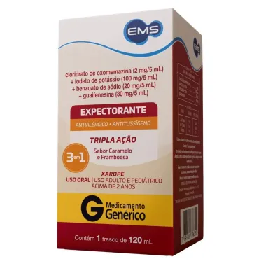 Oxomemazina 2mg/5ml + Pot&aacute;ssio 100mg/5ml + Benzoato de S&oacute;dio 20mg/5ml + Guaifenesina 30mg/5ml EMS Gen&eacute;rico Xarope 120ml
