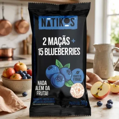 Barra de Fruta Natikos 2 Ma&ccedil;as e 15 Blueberries Sem Adi&ccedil;&atilde;o de A&ccedil;ucares 30g