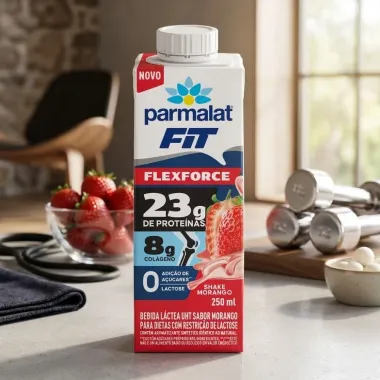 Bebida L&aacute;ctea UHT Parmalat Fit Flexforce 23g de Prote&iacute;nas Sabor Shake Morango 250ml