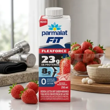 Bebida L&aacute;ctea UHT Parmalat Fit Flexforce 23g de Prote&iacute;nas Sabor Shake Morango 250ml
