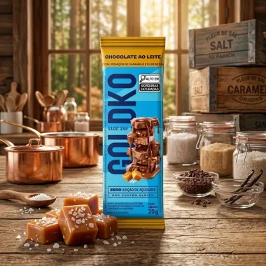 Chocolate GoldKo ao Leite com Peda&ccedil;os de Caramelo e Flor de Sal Zero A&ccedil;&uacute;car 20g