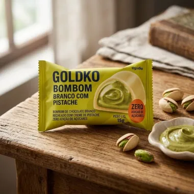 Bombom GoldKo Branco com Pistache Zero Adi&ccedil;&atilde;o de A&ccedil;&uacute;cares 15g