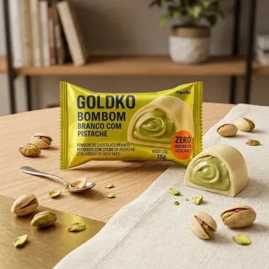 Bombom GoldKo Branco com Pistache Zero Adi&ccedil;&atilde;o de A&ccedil;&uacute;cares 15g