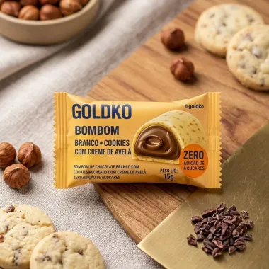 Bombom GoldKo Branco e Cookies com Creme de Avel&atilde; Zero Adi&ccedil;&atilde;o de A&ccedil;&uacute;cares 15g