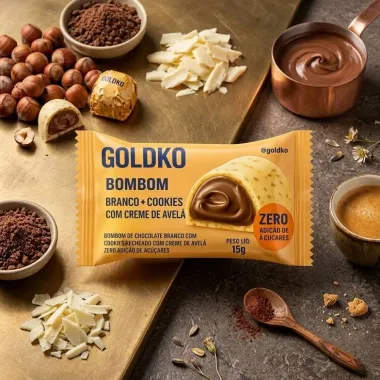 Bombom GoldKo Branco e Cookies com Creme de Avel&atilde; Zero Adi&ccedil;&atilde;o de A&ccedil;&uacute;cares 15g