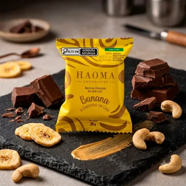 Barra de Chocolate Ao Leite Haoma Linha Stevia Sabor Banana e Castanha de Caju Zero Adi&ccedil;&atilde;o de A&ccedil;&uacute;cares 25g