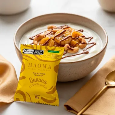 Barra de Chocolate Ao Leite Haoma Linha Stevia Sabor Banana e Castanha de Caju Zero Adi&ccedil;&atilde;o de A&ccedil;&uacute;cares 25g