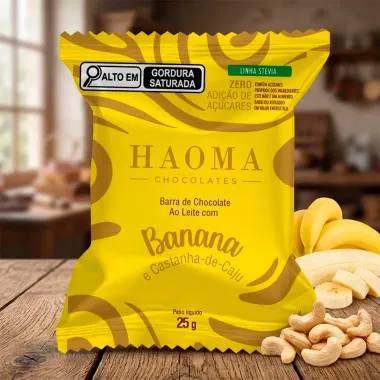 Barra de Chocolate Ao Leite Haoma Linha Stevia Sabor Banana e Castanha de Caju Zero Adi&ccedil;&atilde;o de A&ccedil;&uacute;cares 25g