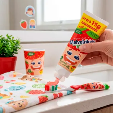 Gel Dental Malvatrikids Kids Extrato Natural com Fl&uacute;or Sabor Morango Antic&aacute;rie 85g Ganhe 15g
