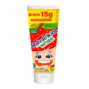 Gel Dental Malvatrikids Kids Extrato Natural com Fl&uacute;or Sabor Morango Antic&aacute;rie 85g Ganhe 15g