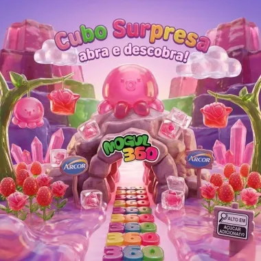 Bala de Gelatina Arcor Mogul 360 Cubo Surpresa Sabor Morango 26g