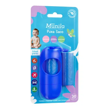 Puxa Saco Munila Cor Azul 1 Dispenser e 2 Refis com 15 Sacos cada