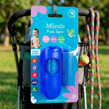 Puxa Saco Munila Cor Azul 1 Dispenser e 2 Refis com 15 Sacos cada