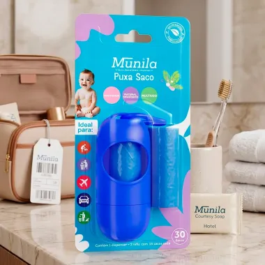 Puxa Saco Munila Cor Azul 1 Dispenser e 2 Refis com 15 Sacos cada