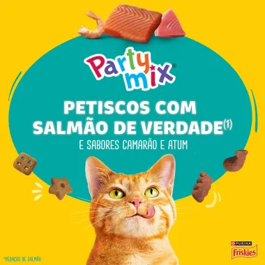 Petiscos Purina para Gatos Friskies Party Mix Adultos com Salm&atilde;o Sabor Camar&atilde;o e Atum Sach&ecirc; 40g