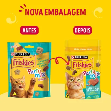 Petiscos Purina para Gatos Friskies Party Mix Adultos com Salm&atilde;o Sabor Camar&atilde;o e Atum Sach&ecirc; 80g