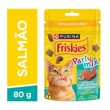 Petiscos Purina para Gatos Friskies Party Mix Adultos com Salm&atilde;o Sabor Camar&atilde;o e Atum Sach&ecirc; 80g
