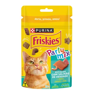 Petiscos Purina para Gatos Friskies Party Mix Adultos com Salm&atilde;o Sabor Camar&atilde;o e Atum Sach&ecirc; 80g