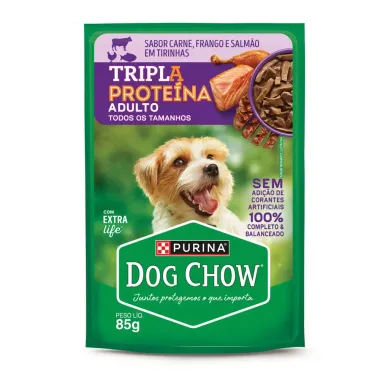 Ra&ccedil;&atilde;o &Uacute;mida para C&atilde;es Dog Chow Extra Life Adultos Sabor Carne Frango e Salm&atilde;o em Tirinhas Tripla Prote&iacute;na Sach&ecirc; 85g
