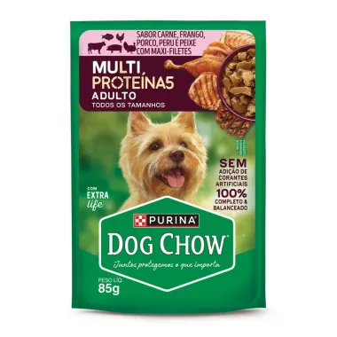 Ra&ccedil;&atilde;o &Uacute;mida para C&atilde;es Dog Chow Extra Life Adultos Sabor Carne Frango Porco Peru e Peixe com Maxi Filetes Multi Prote&iacute;na Sach&ecirc; 85g