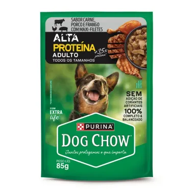 Ra&ccedil;&atilde;o &Uacute;mida para C&atilde;es Dog Chow Extra Life Adultos Sabor Carne Porco e Frango com Maxi Filetes Alta Prote&iacute;na Sach&ecirc; 85g