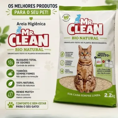 Granulado Biodegrad&aacute;vel Higi&ecirc;nico Mr Clean Bio Natural para Gatos 2,2kg