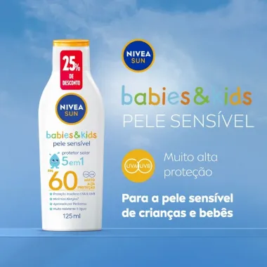 Protetor Solar Nivea Sun Babies & Kids FPS 60  5 em 1 Pele Sens&iacute;vel 125ml 25% de Desconto