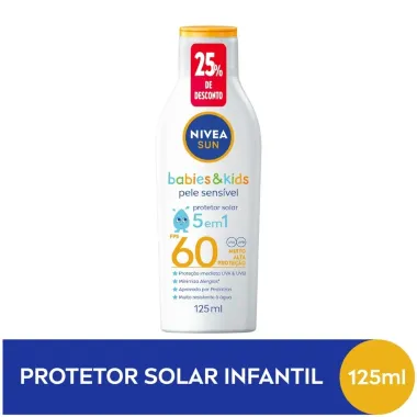 Protetor Solar Nivea Sun Babies & Kids FPS 60  5 em 1 Pele Sens&iacute;vel 125ml 25% de Desconto