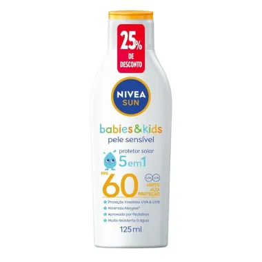 Protetor Solar Nivea Sun Babies & Kids FPS 60  5 em 1 Pele Sens&iacute;vel 125ml 25% de Desconto
