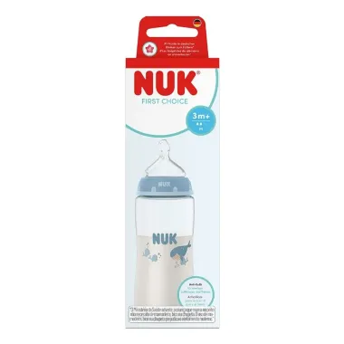 Mamadeira Nuk First Choice Bico de Silicone Fluxo M&eacute;dio 3+ Meses Estampa Baleia 300ml