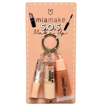 Kit Chaveiro Miamake S.O.S Make Up Gel Fixador Batom Bala 1,5g e Lip Gloss 5ml Cortes Sortidas com 3 Unidades