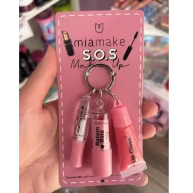 Kit Chaveiro Miamake S.O.S Make Up Gel Fixador Batom Bala 1,5g e Lip Gloss 5ml Cortes Sortidas com 3 Unidades