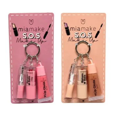 Kit Chaveiro Miamake S.O.S Make Up Gel Fixador Batom Bala 1,5g e Lip Gloss 5ml Cortes Sortidas com 3 Unidades