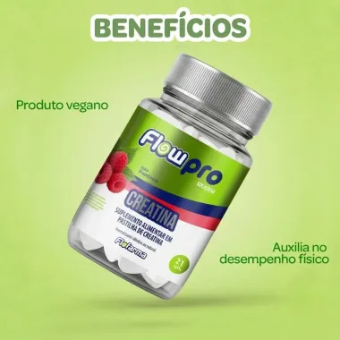 Creatina em Pastilha Flowpro Sabor Framboesa Sem a&ccedil;&uacute;car com 21 Unidades