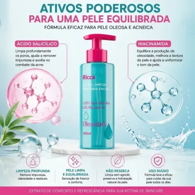 Gel De Limpeza Profunda Facial Ricca Oleosidade 0,03% &Aacute;cido Salic&iacute;lico e 0,8% Niacinamida 300ml