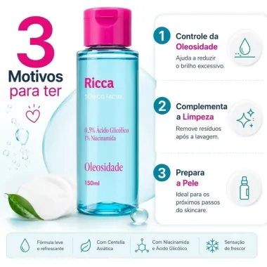 T&ocirc;nico Facial Ricca Oleosidade 0,5% &Aacute;cido Glic&oacute;lico e 1% Niacinamida 150ml