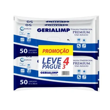 Toalha Umedecida Geriátrica Gerialimp Premium Leve 4 Pague 3 com 50 Unidades cada